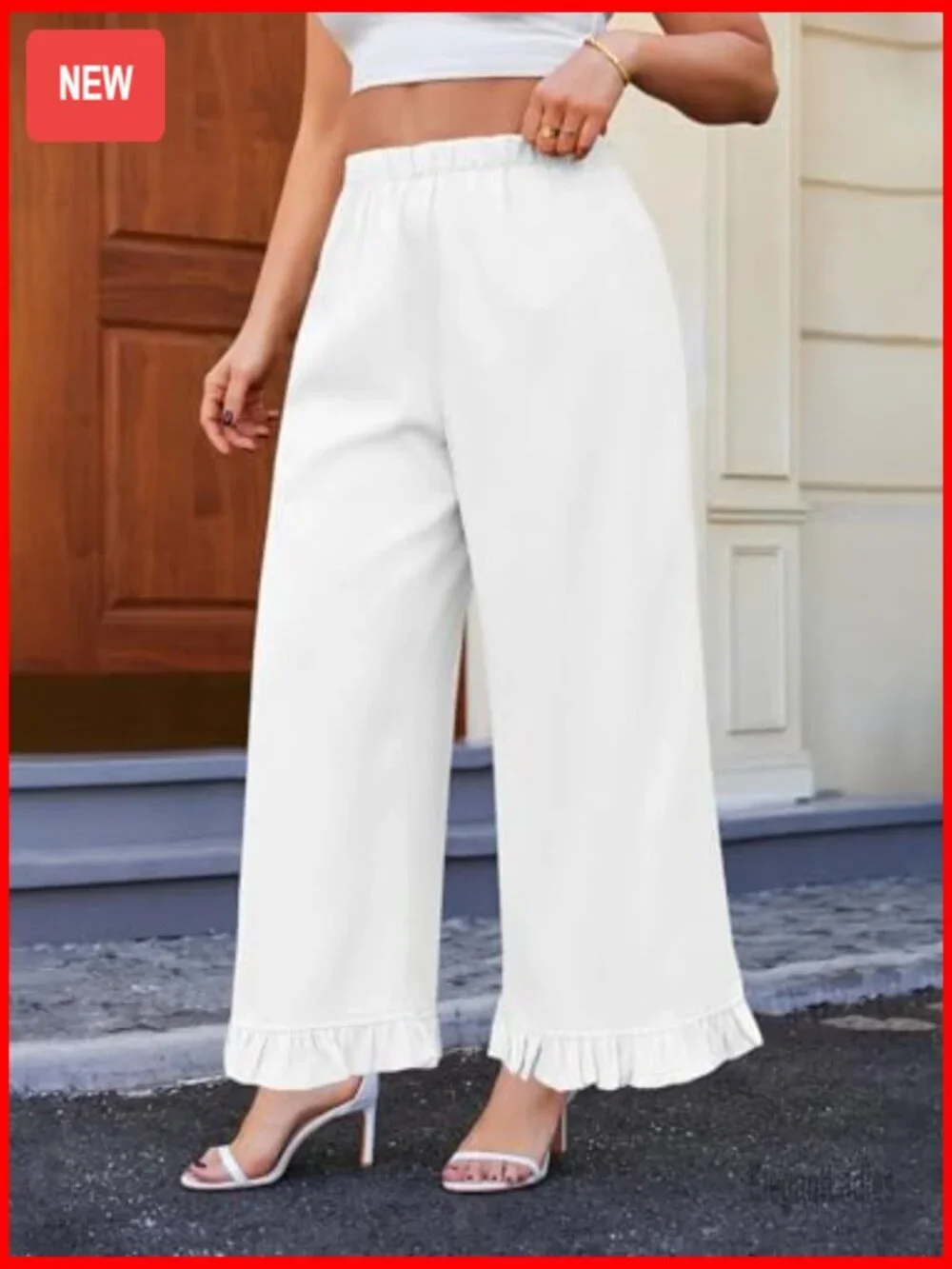 Plus Size High Waist Wide Leg Palazzo Pants with Pockets & Ruffle Hem